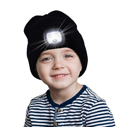 Beanie Mütze mit LED Licht Kinder, 4 Modi 4 LED Beleuchtete Mütze Jungen Kindermütze Haube mit Licht USB Wiederaufladbare Wintermützen Strickmütze Weihnachten Festival Geschenke für Jungen und Mädchen von AYAMAYA