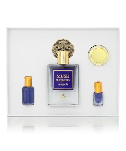 Ayat Perfumes Set Prestige Complet Musk Collection – Eau de Parfum 50 ml, Moschus 5 ml, Duftöle 12 ml & Sahne von 18 g – Duft Dubai (CMoschus Bleuberry) von AYAT PERFUMES
