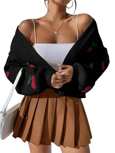 AYAZER 2023 Winter-Strickjacke mit vorderer Öffnung für Damen, Kirsch-Jacquard, langärmeliger, lockerer Pullover, kurzer Pullover, Strickjacke-Schwarz-L von AYAZER