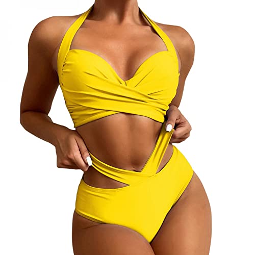 AYAZER Bikini Damen Damen Neckholder Bikini Sets Hohe Taille Triangel Bikinitop High Waist Bademode Badeanzug mit Band Badeanzug MäDchen Bikini Schwarz Bademode Damen Badeanzug Damen Bademode Gelb M von AYAZER