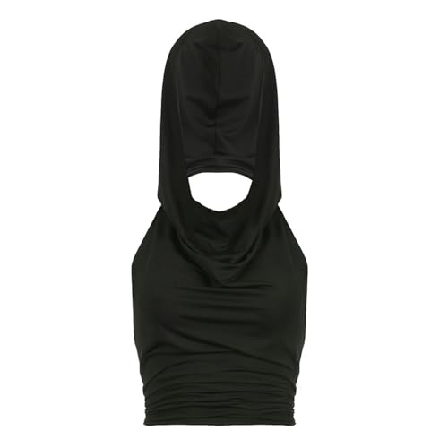 AYAZER Damen-Oberteil mit Florkragen und Kapuze, schmal, rückenfrei, Schwarz, S AYAZER Damen-Oberteil mit Florkragen und Kapuze, schmal, rückenfrei, Schwarz, S von AYAZER