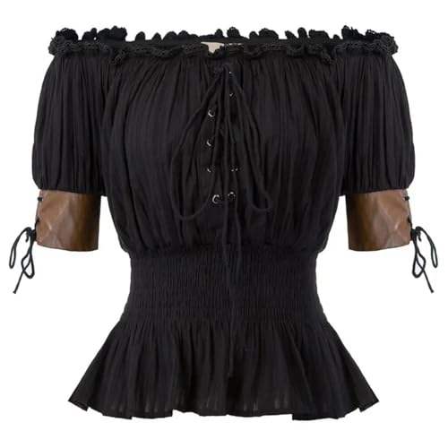 AYAZER Damen Steampunk Viktorianisches Hemd Halbarm Boho Off Shoulder Top Krawatte Taille Sommerhemd-Schwarz-XL von AYAZER