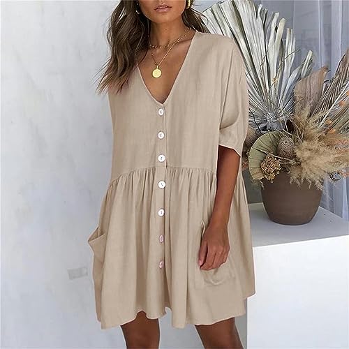 AYAZER Einfarbiges, lockeres, kurzes Damenkleid mit V-Ausschnitt, Elegantes, sexy Kostüm, halbe Ärmel, Knopftasche, Minikleid mit Taschenweste, Khaki, L von AYAZER