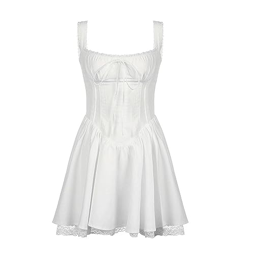 AYAZER Französisches Girly-Kleid mit plissierter Taille für Damen, Sommer, schmale Brust, Hosenträgerrock, Weiß, M von AYAZER