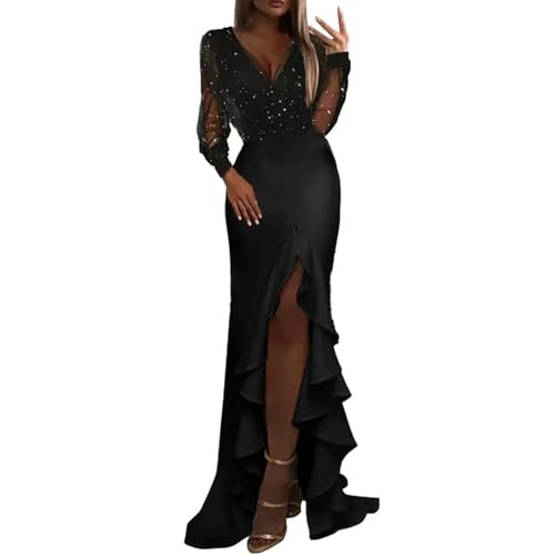 AYAZER Funkelndes Pailletten-Partykleid für Damen, elegant, mittlere Taille, Meerjungfrauenrock, schwarzes Netz, modisches Abendkleid, langes Kleid-Schwarz-M von AYAZER