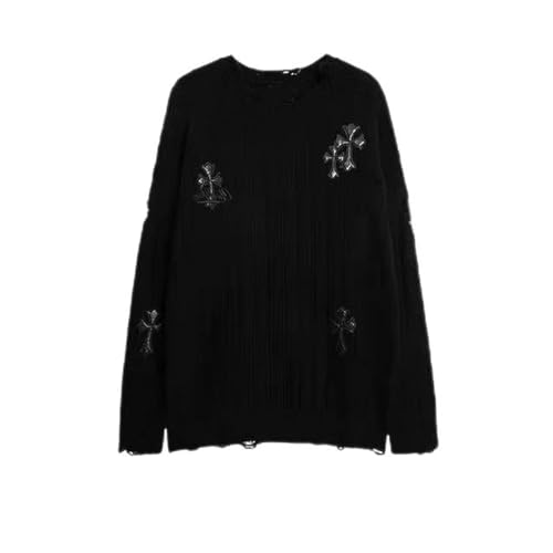 AYAZER Goth Zerrissener Pullover Damen Vintage Übergroßer Pullover Gothic Gestrickter weiblicher Pullover Koreanischer Stil Schicke Strickwaren Streetwear-Schwarz-L von AYAZER
