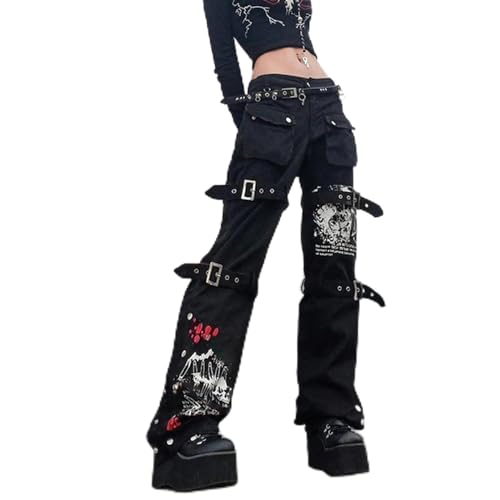 AYAZER Gothic Emo Alt Cargohose Hippie Baggy Jeans Mom Goth Punk Schwarze Denimhose Cyber ​​Y2k Hose Akademische dunkle Kleidung-1 KEIN Gürtel-M von AYAZER