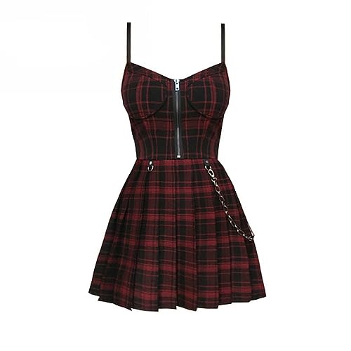 AYAZER Gothic Girl Sexy Camisole Kleid Preppy Sommer Rot Schwarz Plissee Kariert Damen Ärmelloser Minirock Goth Punk Streetwear-rot kariert-XS von AYAZER