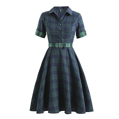 AYAZER Grün Blau Kariertes Vintage Damen Button Up Hemdkleid mit Gürtel Frühling Baumwolle Tunika Damen Elegantes Damen Midi Kleid-Kariertes Retro-Kleid-XL von AYAZER