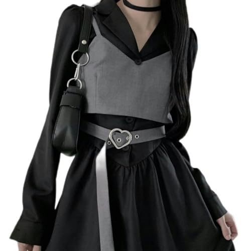 AYAZER Harajuku Schwarzes Langarm-Hemdkleid + Bandage Graue Weste 2023 Koreanische Mode 2-teiliges Set Herbst Neue Casual-Outfits-2 Set Schwarz Grau-M von AYAZER