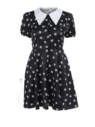 AYAZER Harajuku Vintage Lolita Print Gothic Korsett Minikleid 2023 Neue Damen Umlegekragen Patchwork Punk Mittwoch Gleicher Stil Kleid-Schwarz-S von AYAZER