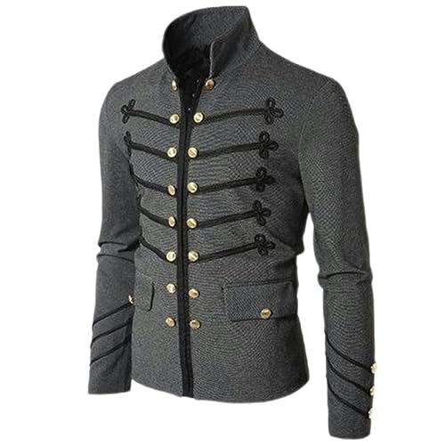 AYAZER Herren Vintage Military Gothic Parade Jacke Gestickte Knöpfe Einfarbige Oberteile Vintage Uniform Reißverschlussjacke-Grau-XL von AYAZER