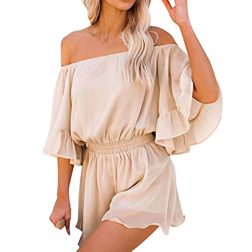 AYAZER Jumpsuits für Damen, Einteilige Jumpsuits für Damen O-Ausschnitt Kurzarm Hosenträger Kordelzug Shorts Jumpsuit Einfarbig Plissee Playsuit Jumpsuit Jumpsuit Damen Sommer Jumpsuits (Beige,M) von AYAZER