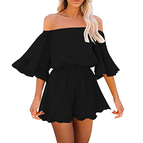 AYAZER Jumpsuits für Damen, Einteilige Jumpsuits für Damen O-Ausschnitt Kurzarm Hosenträger Kordelzug Shorts Jumpsuit Einfarbig Plissee Playsuit Jumpsuit Jumpsuit Drucken Jumpsuits (Schwarz,XXL) von AYAZER