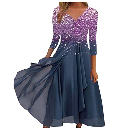 AYAZER Kleider Damen Damen V Ausschnitt Fledermaus Casual Kleid Pailetten Mittellang Kleider Locker Hawaii Tshirt Kleid Kleid Silvester Damen Enge Kleider Sommer Kleider Gothic Kleider Violett M von AYAZER