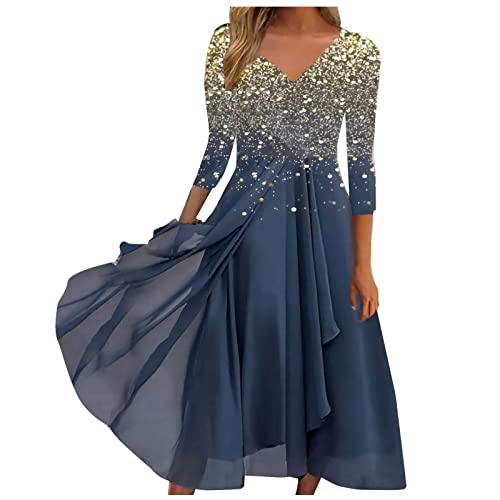 AYAZER Kleider Damen Spitzenkleid Chiffon Cocktailkleid Festliches Ballkleid Brautjungfernkleider Für Hochzeit Midi Abendkleider Damen Kleid Winter Boho Kleid Beach Dress Hemdkleid Damen Gold XXL von AYAZER