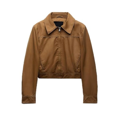 AYAZER Neue Herbst-Damen-Vielseitiger Revers-Lose-Kurzjacke aus gewachstem Leder-Braun-S von AYAZER