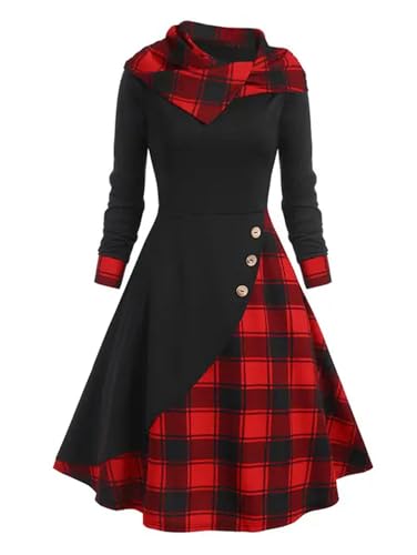 AYAZER Retro-Kleid für Damen, mit Kapuze, kariert, mit gefälschten Knöpfen, Überlappung, Midikleid, Gothic, Punk, Langarm, lässig, sexy, Partykleid, Harajuku, Schwarz, XL von AYAZER