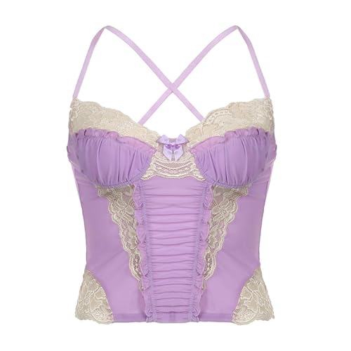 AYAZER Sanftes, lilafarbenes Damen-Unterhemd mit Spitzenspleiß-Mesh-Lila-L von AYAZER