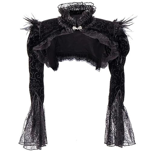 AYAZER Schwarze viktorianische Gothic-Bolero-Damenjacke mit Federn, Stehkragen, Langen Ärmeln, Spitze und Cordjacken-Schwarz-3XL von AYAZER