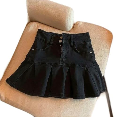 AYAZER Sommerrock für Damen, Party, Denim, Retro-Plissee, schick, bequem, schlank, einfarbig, Schulmädchen-Kleidung, hohe Taille, niedlich, Mini-Schwarz-S von AYAZER