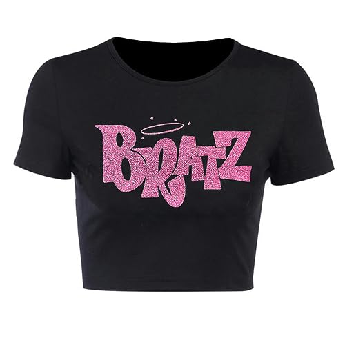AYAZER Streetwear 90er Jahre Sommer Neue Y2k Damenbekleidung Bratz Briefdruck Schwarz Crop Tops O-Ausschnitt Vintage Casual Kurzarm T-Shirts-30069-S von AYAZER