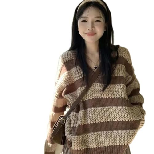 AYAZER Vintage Gestreifter Pullover Damen Japanische Mode Pullover Koreanischer Stil Strickte Weibliche Pullover Übergroße Strickwaren Harajuku-01-XL von AYAZER