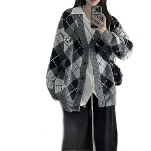 AYAZER Vintage gestrickte Karierte Strickjacke, übergroßer koreanischer Modepullover für Damen, Harajuku, adrette V-Ausschnitt-Knopf-Strickwaren, Streetwear-Grau-S von AYAZER