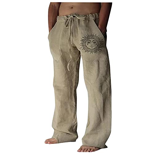 AYAZER Winterhose Herren, Beige Baggy Jeans Leggings Mit Per Herren Lange Hosenhosen Herren Hosen Männer Baumwollleinen Gedruckte Kordelzug Hosen Männer Casual Lose und Bequeme Hosen (Beige,5XL) von AYAZER