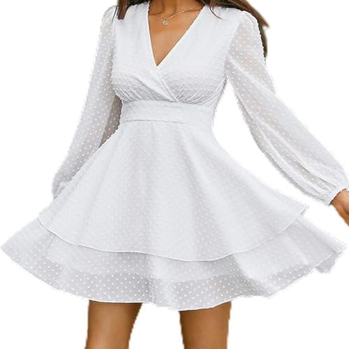 Chiffonkleid für Damen, Sommerstruktur, hochwertiger V-Ausschnitt, schlankes Temperament, kurzer Rock im Pendler-Lady-Stil-Weiß-M von AYAZER