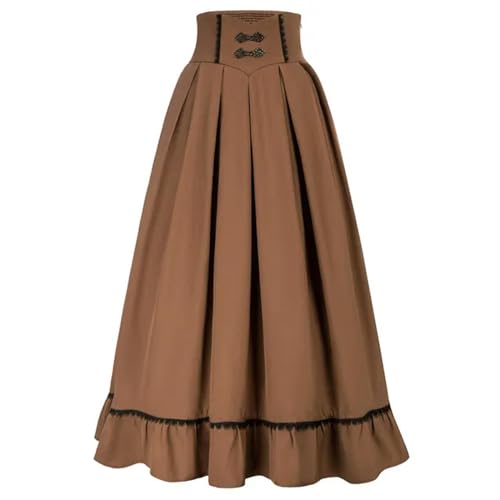 Damenrock Sommerkleidung Gothic Maxirock Hohe Taille Rüschensaum A-Linie Elastische Taille Vintage Plissee Lässiges Partykleid-Knöchellang Braun-S von AYAZER