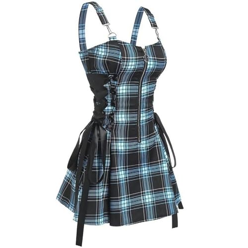 Dark Gothic Damen Kariertes Kleid Hohe Taille Slim Fit Retro Punk Harajuku Lolita Ärmelloses Streetwear Sexy A-Linie Minikleid-Blau-M von AYAZER