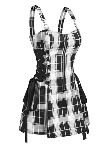 Dark Gothic Damen Kariertes Kleid Hohe Taille Slim Fit Retro Punk Harajuku Lolita Ärmelloses Streetwear Sexy A-Linie Minikleid-Schwarz-S von AYAZER