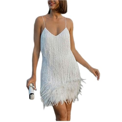 Neue Sexy Quaste Pailletten Feder Mini Kleid Frauen Spaghetti-trägern Nähte Kleid Kleid-Weiß LYQ63-L von AYAZER