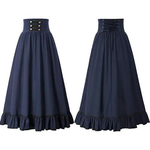 Neuer Damen Sommer Gothic Langer Rock Hohe Taille Rüschensaum A-Linie Elastische Taille Retro Plissee Lässiger Partyrock-Blau-XXL von AYAZER