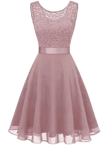 Rosa-weiße Spitzen-Chiffon-Swing-Kleider für Damen, Elegantes Schößchen, hohe Taille, lila, ärmellos, Party-Robe, weiblich, A-Linien-Kleid-7-XS von AYAZER