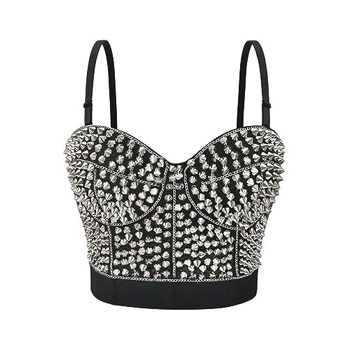 Silberne Nieten Spaghettiträger Gothic Push Up BH Steampunk Bralette Crop Top für Frauen Rave Rock Nachtclub Bar Büstenhalter Femme-Schwarz-XL von AYAZER