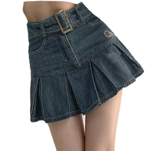 Sommer-Jeansrock mit hoher Taille, plissiert, birnenförmig, formbedeckend, schlankmachender A-Linien-Rock-Blau-S von AYAZER