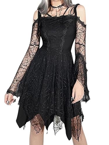 Spinnennetz Mesh Gothic Ästhetisches Vintage Damen Kleid Spitze Patch Glockenärmel Schwarz A-Linie Kleid Rosa Partykleidung-1-M von AYAZER