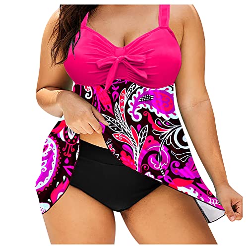 Tankini Damen Bikinisets für Frauen Badeanzug Bauchweg Badekleid Mesh Bademode Oberteil Zweiteilig Große Größen Frauen Rock Mit Short Bikini Mädchen Bikini Rot 4XL von AYAZER