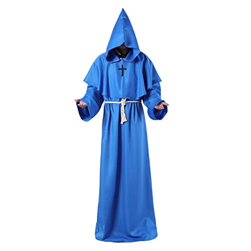 AYBIOSD Unisex Priest Robe Monk Costume Medieval Cape with Robe Hood Cross Rope Vampire Costume Monk Hat Halloween Cosplay,Blau,XL von AYBIOSD