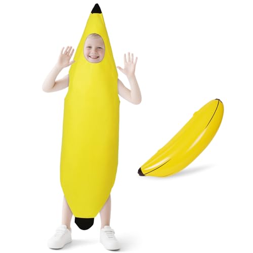 AYBUY Bananen kostüm, Banane Outfit Kinder, Lustiges Bananenschalen Kostüm mit 1 aufblasbare Banane, ärmelloses, Obst Verkleidung Set, Lustig Karneval Halloween Kostüm Cosplay für Mädchen Jungen von AYBUY