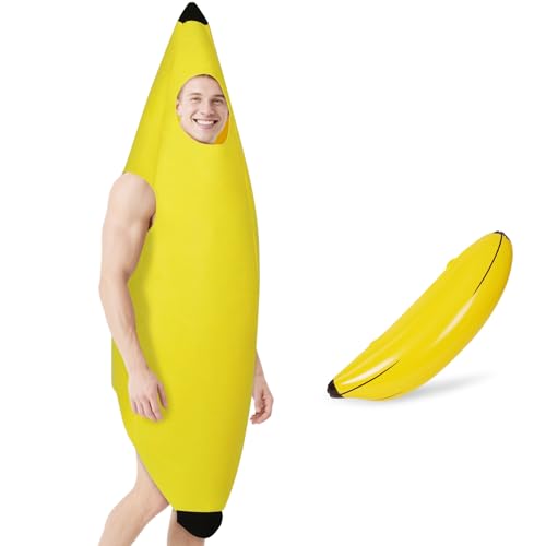 AYBUY Bananen kostüm, Banane Outfit für Erwachsene, Lustiges Bananenschalen Kostüm mit 1 aufblasbare Banane, Obst Verkleidung Set, Lustig Karneval Halloween Kostüm Cosplay für Herren Damen von AYBUY