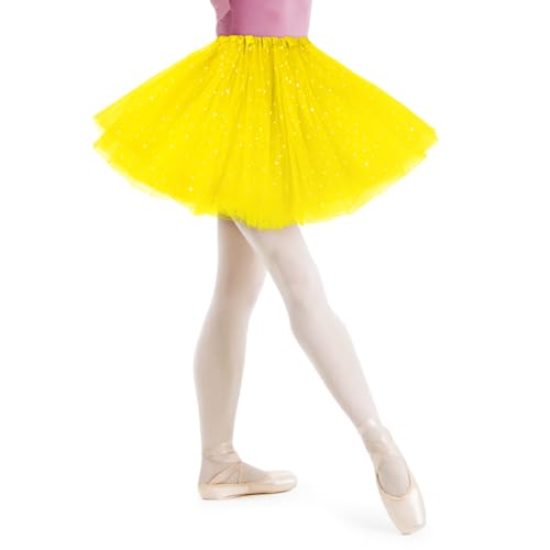 AYBUY Damen Tutu Klassisch Rock, Elastisch 3 Lagig Tüll Tüllrock mit Pailletten Sternen, Unterrock Rock für Fasching Karneval Motto Party Ballett Tanzen Fancy Dress Halloween Kostüm (Gelb) von AYBUY