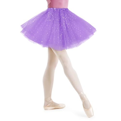 AYBUY Damen Tutu Klassisch Rock, Elastisch 3 Lagig Tüll Tüllrock mit Pailletten Sternen, Unterrock Rock für Fasching Karneval Motto Party Ballett Tanzen Fancy Dress Halloween Kostüm (Hellviolett) von AYBUY