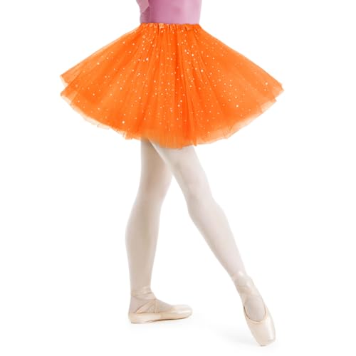 AYBUY Damen Tutu Klassisch Rock, Elastisch 3 Lagig Tüll Tüllrock mit Pailletten Sternen, Unterrock Rock für Fasching Karneval Motto Party Ballett Tanzen Fancy Dress Halloween Kostüm (Orange) von AYBUY