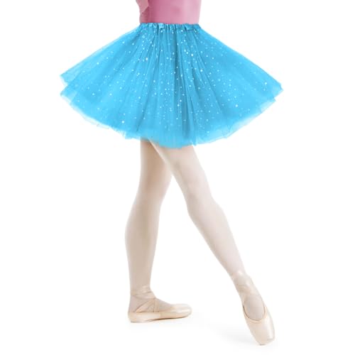 AYBUY Damen Tutu Klassisch Rock, Elastisch 3 Lagig Tüll Tüllrock mit Pailletten Sternen, Unterrock Rock für Fasching Karneval Motto Party Ballett Tanzen Fancy Dress Halloween Kostüm (Seeblau) von AYBUY