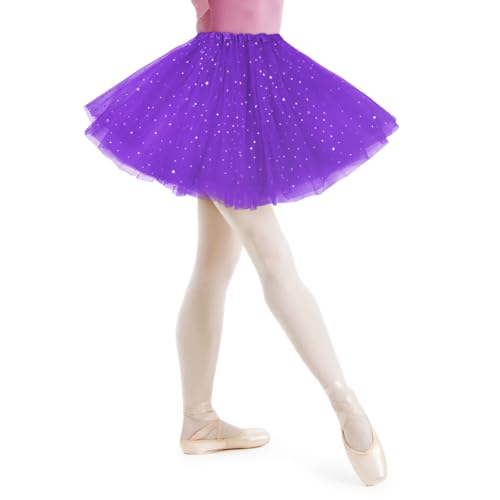 AYBUY Damen Tutu Klassisch Rock, Elastisch 3 Lagig Tüll Tüllrock mit Pailletten Sternen, Unterrock Rock für Fasching Karneval Motto Party Ballett Tanzen Fancy Dress Halloween Kostüm (Dunkelviolett) von AYBUY