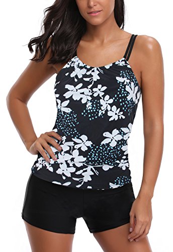 AYEEBOOY Frauen Plus Size Floral Halfter Tankini Set mit Boyshort zweiteiligen Badeanzug(3BluePHP,M) von AYEEBOOY