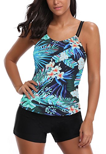 AYEEBOOY Frauen Plus Size Floral Halfter Tankini Set mit Boyshort zweiteiligen Badeanzug(2ColorHP,L) von AYEEBOOY